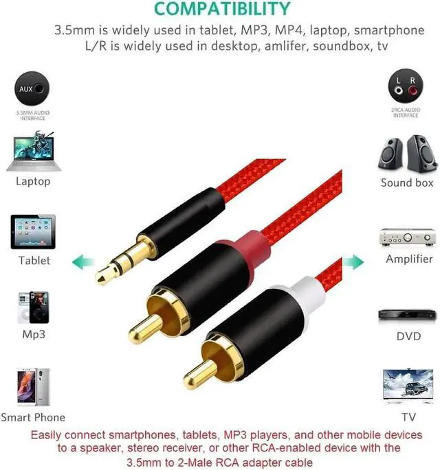 Alt view image 4 of 5 - 1Pcs RCA Audio Cable 3.5mm Stereo Jack to 2 RCA Audio Splitter Y Cable AUX Splitter Adapter for Phone DVD VCD Amplifier DTS Speaker