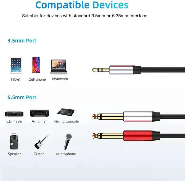 Alt view image 2 of 6 - 1Pcs 3.5mm to Dual 6.5mm Adapter Jack Audio Cable 3.5 Jack Splitter Audio Cord For Mixer Amplifier Speaker 3.5 to 6.5 AUX Adapter