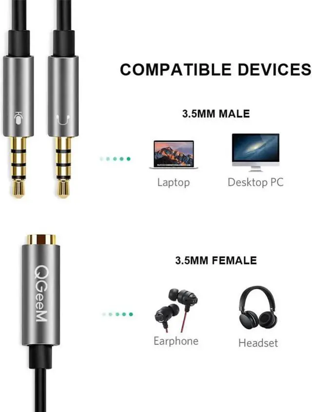 Alt view image 6 of 6 - 1Pcs QGEEM Splitter Headphone for Computer 3.5mm Female to 2 Male 3.5mm Mic Audio Y Splitter Cable Headset to PC Adapter AUX Cable