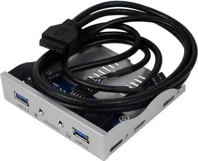 Alt view image 4 of 6 - 2Ports USB3.0 PC Front Panel Bracket 3.5 Floppy Bay 19Pin to USB 3.0 Hub HD Audio Earphone Mic Connector with Cable for Desktop (Silver White)