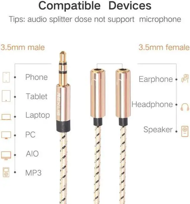 Alt view image 4 of 6 - 1Pcs Headphone Splitter Audio Cable 3.5mm Male to 2 Female Jack 3.5mm Splitter Adapter Aux Cable for iPhone Samsung Converter