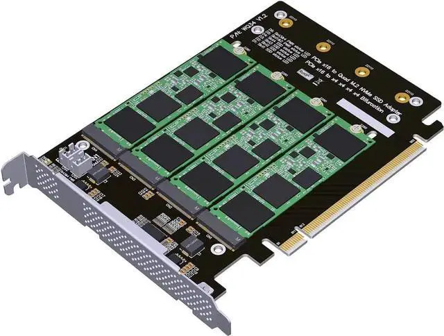 Alt view image 6 of 7 - PCIe 4.0 16x to 4X M.2 NVME SSD Adapter Card PCIe 4.0 GEN4 Full Speed Bifurcation Four-Bay Board Expansion Card 1 to 4 M.2 NVMe SSD Adapter Support 2242 2260 2280 22110 (with Heatsink)