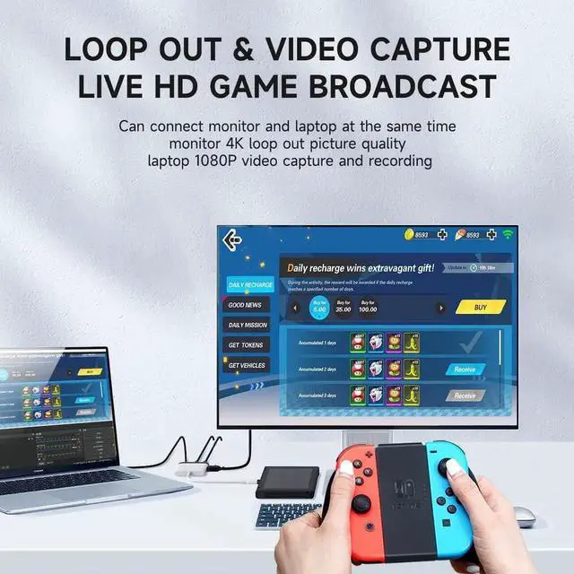 Alt view image 7 of 7 - Hagibis 2 in 1 Switch Dock with HDMI Video Capture Card for Nintendo Switch OLED, Portable TV Docking Station with 4K HDMI, 1080P Capture Card, PD and USB Port Type C to HDMI TV Adapter (Black White)