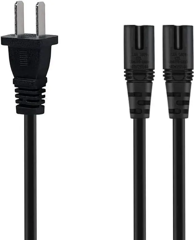 Alt view image 3 of 4 - 6FT Non-Polarized AC Power Cord 2 Prong 1-15p to Dual C8 Figure 8 Power Cable CCC Listed Universal Replacement Wall Cable (180 Degree Angle)