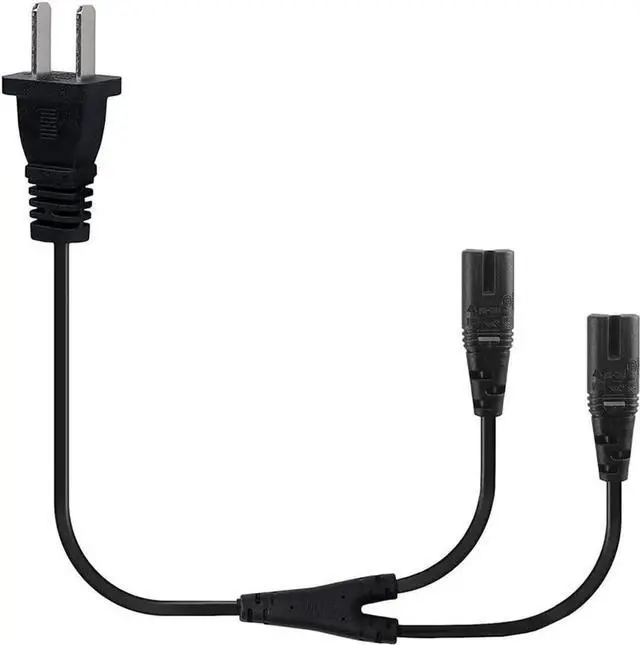 Alt view image 2 of 4 - 6FT Non-Polarized AC Power Cord 2 Prong 1-15p to Dual C8 Figure 8 Power Cable CCC Listed Universal Replacement Wall Cable (180 Degree Angle)