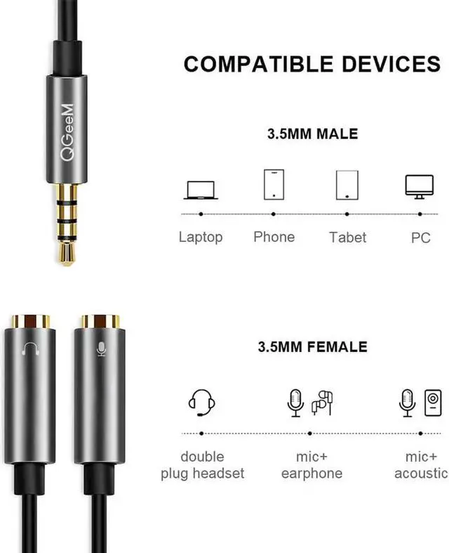 Alt view image 2 of 6 - 1Pcs QGeeM 3.5mm Audio Splitter Cable for Computer Jack 3.5mm 1 Male to 2 Female Mic Y Splitter AUX Cable Headset Splitter Adapter
