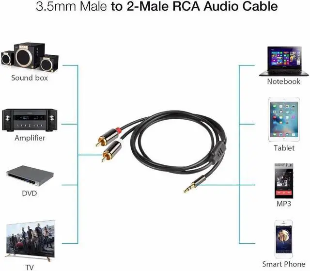 Alt view image 6 of 6 - 1Pcs 3.5 mm to 2 RCA Audio Cable AUX Splitter Male to Male 3.5mm Stereo 2 RCA Adapter Speaker Cable For amplifier Phone Edifer DVD TV