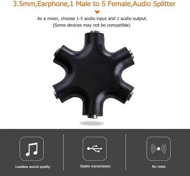 Alt view image 3 of 6 - 1Pcs 3.5mm Earphone Headphone Audio Splitter 1 Male to 5 Female Port Cable Adapter Converter Connector Audio Splitter