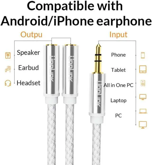 Alt view image 5 of 6 - 1Pcs Unnlink 3 Poles TRS 3.5mm Jack Audio Splitter Extension Cable 1X2 Adapter AUX Audio Cable 1 In 2 Out for Earphone MP3 Earbuds