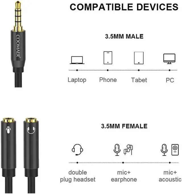 Alt view image 6 of 6 - 1Pcs Coomaer 3.5mm audio splitter cable for computer phone 3.5mm jack headphone microphone combo aux cable headphone splitter adapter