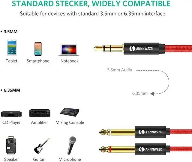 Alt view image 2 of 6 - 1Pcs Jack 3.5mm to 6.35mm Adapter Audio Cable for Mixer Amplifier Speaker Gold Plated 6.5mm 3.5 Jack Male Splitter Audio Cable