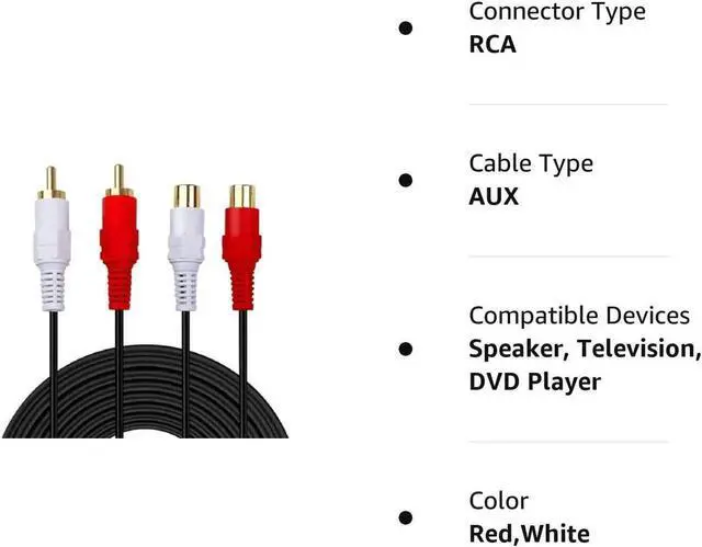 Alt view image 3 of 4 - 2 RCA Extension Cable,Gold Plated 2 RCA Male to Female Stereo Audio Extension Cable (65ft)