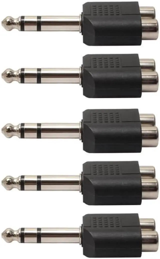 Main image of 5Pcs 6.35mm Dual Mono Headphone Microphone 1/4" Stereo Audio Jack Plug Adapter to 2 RCA Female Jacks Splitter Audio Converter