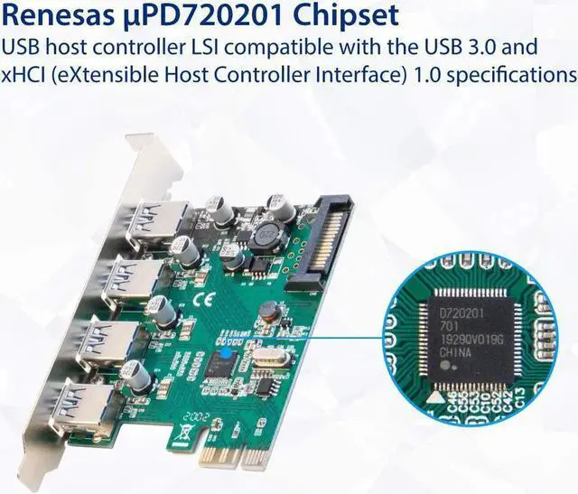 Alt view image 4 of 7 - SD-PEX20159 PCI Express Card x1 with USB 3.0 Type A 4 Ports Super Speed and 15-Pin Power Connector Renesas Chipset