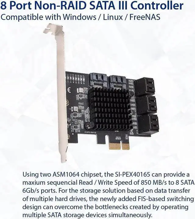 Alt view image 3 of 6 - 8 Port SATA III to PCIe 3.0 x1 Non-RAID Expansion Card Dual ASM1064 Genuine 6.0bps with 8 Drives Attached Low Profile Bracket, SI-PEX40165