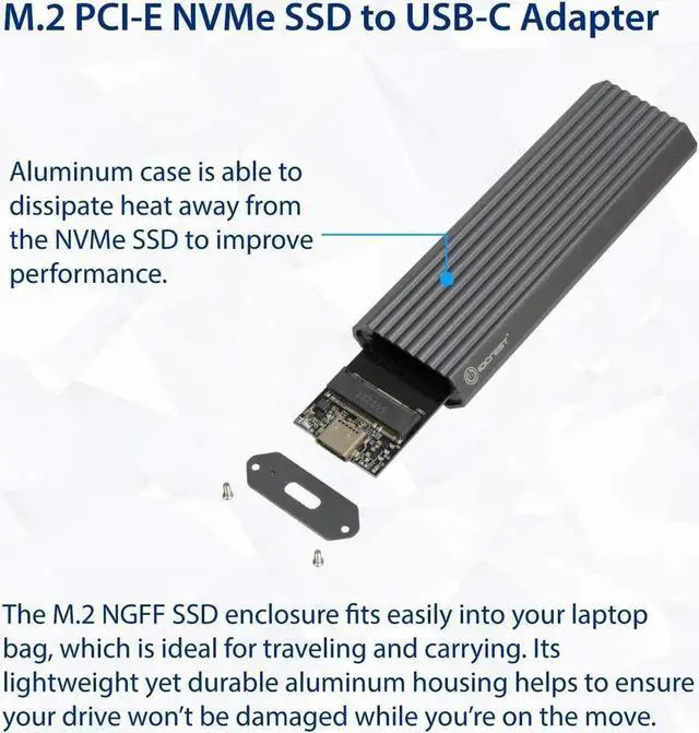 Alt view image 4 of 6 - USB-C 3.1 M.2 M-Key PCI-E NVMe Based SSD External Aluminum Enclosure Adapter Supports 2230/2242 / 2260/2280
