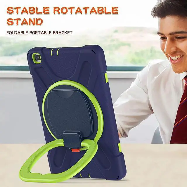 Alt view image 7 of 7 - Premium Galaxy Tab A 8.0 (2019) Ring Handle Case, Shockproof Heavy Duty Protection Case for Samsung Galaxy Tab A 8.0 T290/T295 (Dark Blue/Lime Green)