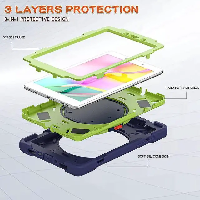 Alt view image 4 of 7 - Premium Galaxy Tab A 8.0 (2019) Ring Handle Case, Shockproof Heavy Duty Protection Case for Samsung Galaxy Tab A 8.0 T290/T295 (Dark Blue/Lime Green)