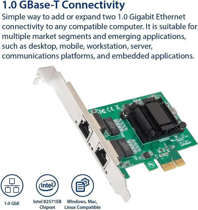 Alt view image 4 of 6 - 2 Port Gigabit Ethernet PCI-e x1 Network Card Intel 82571 Chipset, (SY-PEX24074)