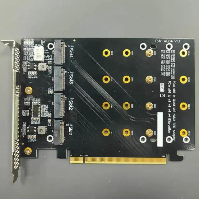 Alt view image 3 of 7 - PCIe 4.0 16x to 4X M.2 NVME SSD Adapter Card PCIe 4.0 GEN4 Full Speed Bifurcation Four-Bay Board Expansion Card 1 to 4 M.2 NVMe SSD Adapter Support 2242 2260 2280 22110 (No Heatsink)