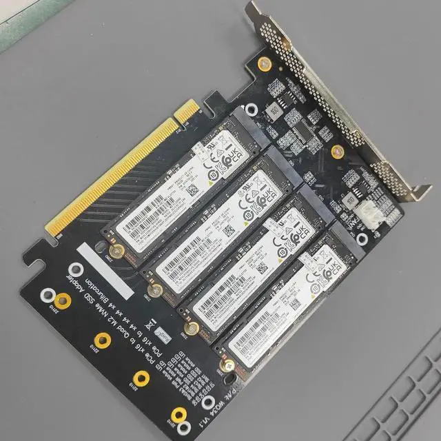 Alt view image 4 of 7 - PCIe 4.0 16x to 4X M.2 NVME SSD Adapter Card PCIe 4.0 GEN4 Full Speed Bifurcation Four-Bay Board Expansion Card 1 to 4 M.2 NVMe SSD Adapter Support 2242 2260 2280 22110 (No Heatsink)
