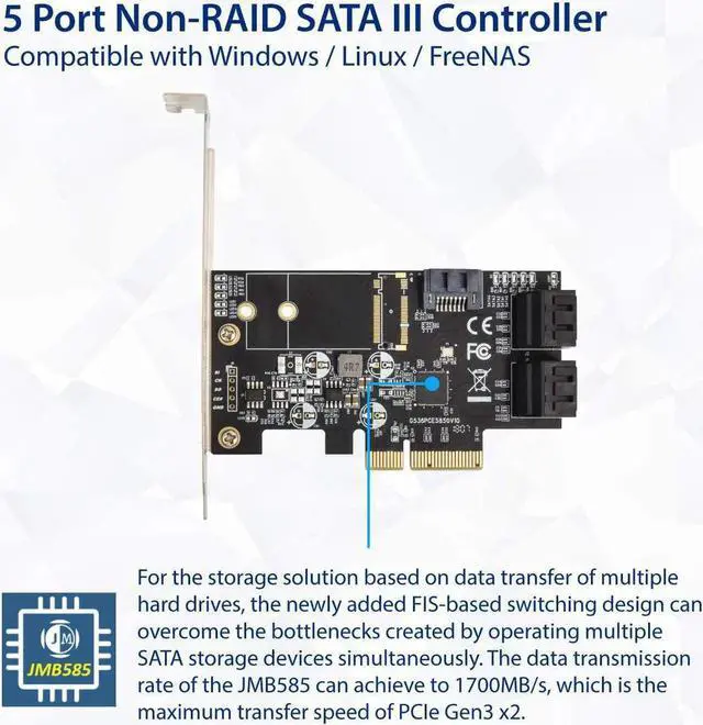 Alt view image 3 of 6 - 5 Port Non-Raid SATA III 6GB/S Pci-E X4 Controller Card for Desktop PC Support SSD and HDD with Low Profile Bracket. JMB585 Chipset SI-PEX40139