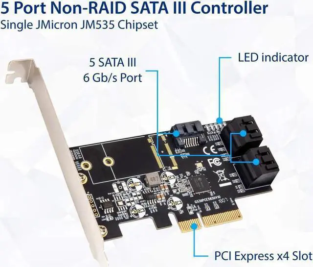 Alt view image 4 of 6 - 5 Port Non-Raid SATA III 6GB/S Pci-E X4 Controller Card for Desktop PC Support SSD and HDD with Low Profile Bracket. JMB585 Chipset SI-PEX40139