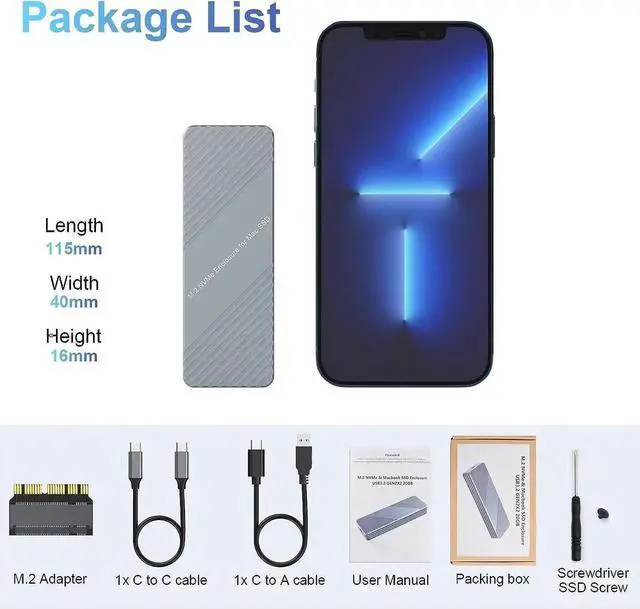 Alt view image 2 of 7 - USB C 3.2 MacBook SSD Enclosure for 12+16 PIN MacBook Air/Pro SSD, Aluminum M.2 NVMe MacBook Pro SSD Enclosure Adapter Support MacBook Pro,MacBook Air, Mac Pro, iMac from 2013 to 2017