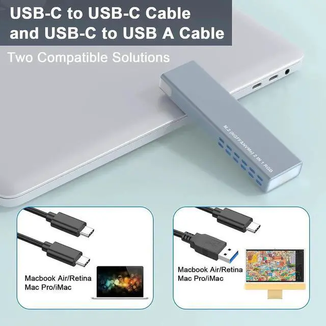 Alt view image 5 of 7 - M.2 NVMe and SATA SSD Enclosure Tool-Free, 10Gbps USB 3.1 Gen2 Aluminum M.2 NVME NGFF SSD Enclosure, RGB NVMe SSD Enclosure Supports M and B&M Keys 2280/2230/ 2242/2260 SSDs(with USB C & USB A Cables)