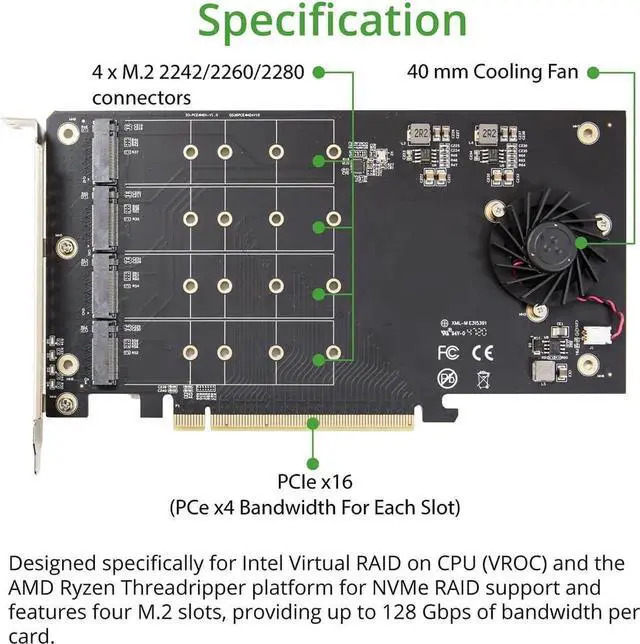 Alt view image 5 of 5 - IO CREST Quad M.2 NVMe PCIe x16 Expansion Card for Intel VROC and AMD Ryzen Threadripper Motherboard