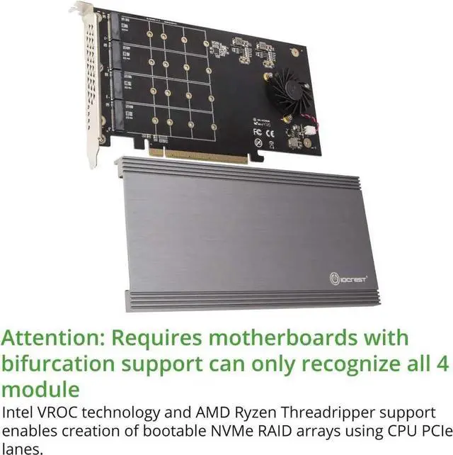 Alt view image 2 of 5 - Quad M.2 NVMe PCIe x16 Expansion Card for Intel VROC and AMD Ryzen Threadripper Motherboard