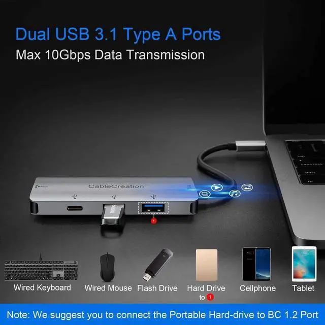 Alt view image 4 of 6 - USB C Hub, CableCreation 4-in-1 USB-C Hub with USB 3.0 Ports, USB C 3.1 Port, up to 100W Charging Adapter Compatible for MacBook, MacBook Pro/Air, ChromeBook, XPS and More, Aluminum Thunderbolt 3 Hub