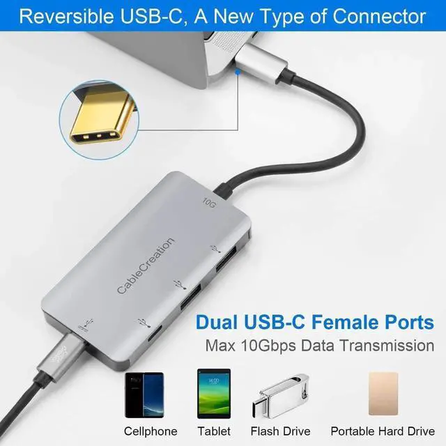 Alt view image 2 of 6 - USB C Hub, CableCreation 4-in-1 USB-C Hub with USB 3.0 Ports, USB C 3.1 Port, up to 100W Charging Adapter Compatible for MacBook, MacBook Pro/Air, ChromeBook, XPS and More, Aluminum Thunderbolt 3 Hub