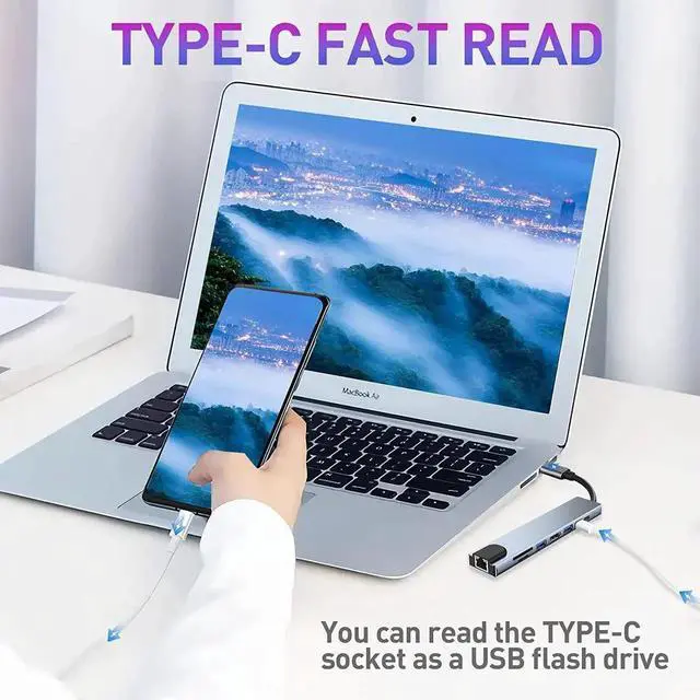 Alt view image 5 of 7 - USB C HUB, 8 in 1 USB C Adapter with 4K HDMI, 100W PD, USB C Port, USB 3.0, RJ45 Ethernet, SD/TF Card Reader, Docking Station Compatible with MacBook Pro/Air USB C Laptops and Other Type C Devices