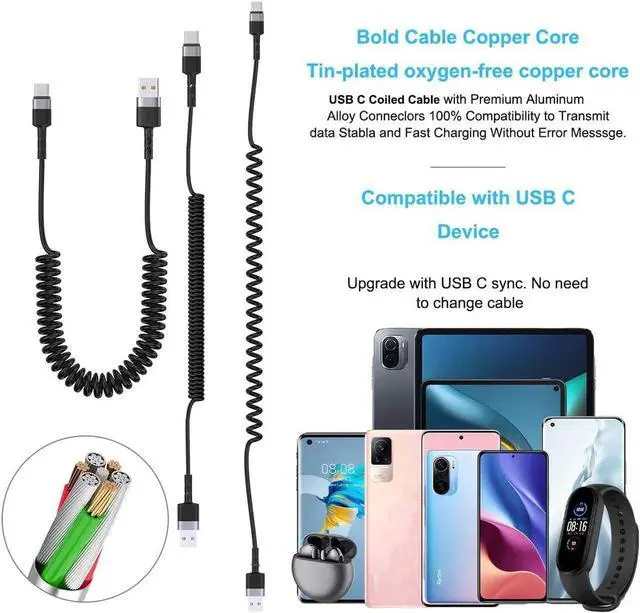 Alt view image 4 of 7 - USB Type C Coild Cable for Car, 1.8m/5.9FT Retractable USB C Cable Curly USB A to USB-C Fast Charger Cord for Car,Compatible Samsung Galaxy S10 S9 S8 Plus Note 9 8,LG5/G6/V20, USB C Devices