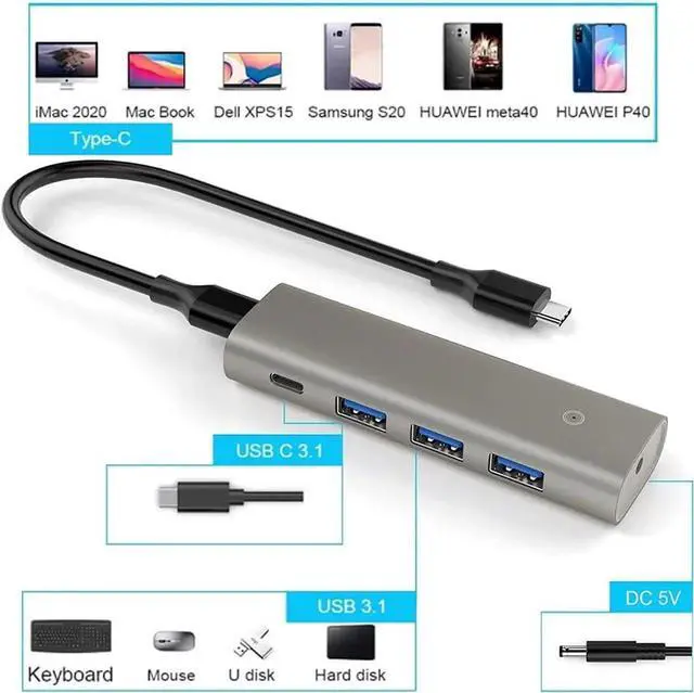 Alt view image 7 of 7 - 10Gbps USB 3.2/3.1 Gen 2 Data Hub, 10 GbpsSuper Speed USB C Splitter with 3 USB Ports, USB Type C Port and 5V Power Adapter Port, for MacBook Air/Pro, Surface Pro 7 and and Type-C Laptop