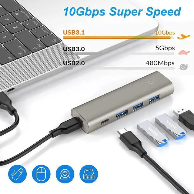 Alt view image 3 of 7 - 10Gbps USB 3.2/3.1 Gen 2 Data Hub, 10 GbpsSuper Speed USB C Splitter with 3 USB Ports, USB Type C Port and 5V Power Adapter Port, for MacBook Air/Pro, Surface Pro 7 and and Type-C Laptop