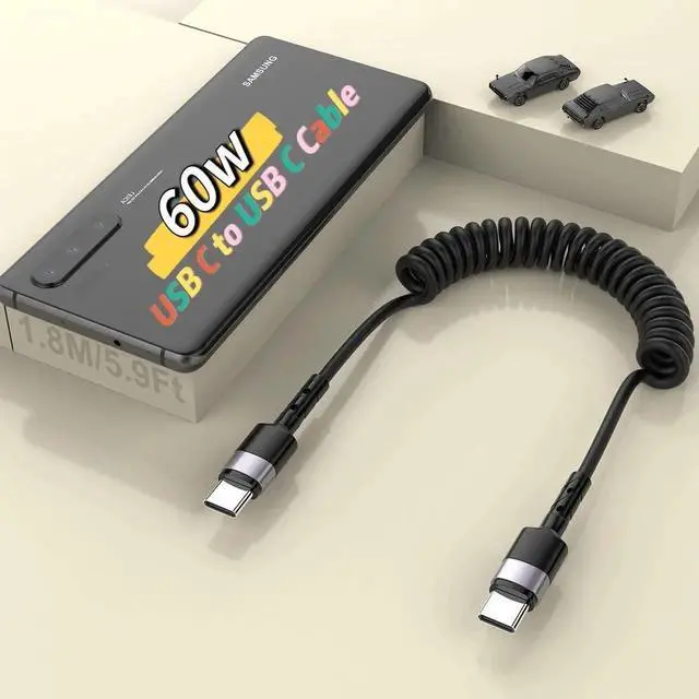 Main image of 60W Coiled USB C Cable for Car, 6FT USB C to USB C Coiled Cable, USB C to C Type Fast Charging Cable Compatible with Samsung GalaxyS21/S21+/S20+ Ultra Note 20, Pixel 4/3 XL, MacBook Pro/Air