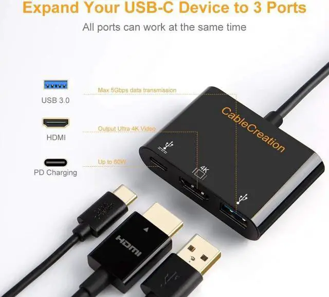 Alt view image 4 of 7 - USB C to 4K HDMI Hub, CableCreation 3-in-1 USB-C Hub with HDMI, USB 3.0 and 60W PD Charging [Thunderbolt 3 Compatible] for MacBook Pro 2017/2018/2019, Dell XPS 13/15, Galaxy Note 10, Surface Book 2