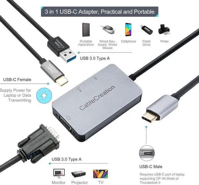 Alt view image 4 of 5 - USB C to VGA Adapter, CableCreation Aluminum 3-in-1 USB-C Hub with 60W PD, 1920x1200@60Hz VGA, USB 3.0 Data Hub for MacBook Pro 2019/2018, XPS 15/13, Surface Book, Galaxy S10, LG G5