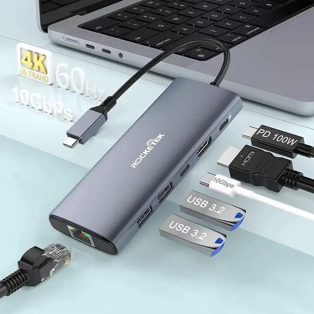 Main image of 6-in-1 USB C Hub 4K@60Hz 10Gbps USB C hub Multiport Adapter, Type C Hub with Ethernet, 4K@60Hz HDMI, 100W PD, 10Gbps USB C and 2 USB A, USB C Docking Station for MacBook Pro and Other USB-C Laptops