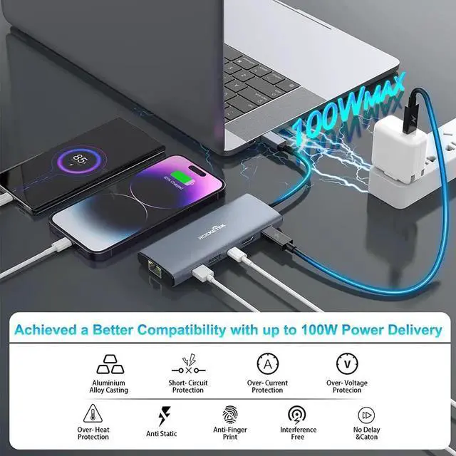 Alt view image 5 of 7 - 6-in-1 USB C Hub 4K@60Hz 10Gbps USB C hub Multiport Adapter, Type C Hub with Ethernet, 4K@60Hz HDMI, 100W PD, 10Gbps USB C and 2 USB A, USB C Docking Station for MacBook Pro and Other USB-C Laptops