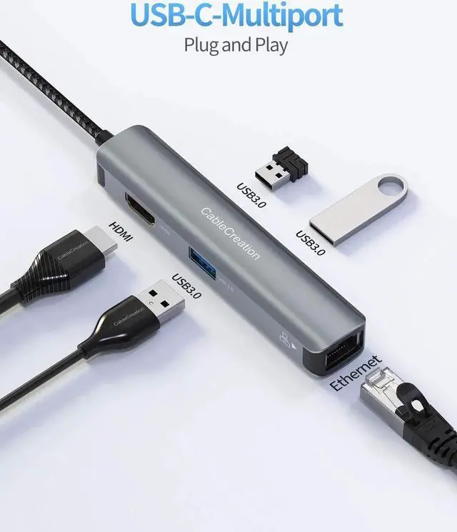 Alt view image 4 of 7 - USB C Hub Multiport Adapter,CableCreation 5-in-1 USB C Adapter Aluminum Shell with 4K HDMI,1Gbps Ethernet,3 USB 3.0 Ports for MacBook Pro/Air 2020/2019,iPad Pro 2020,Surface Go,XPS More Type C Devices