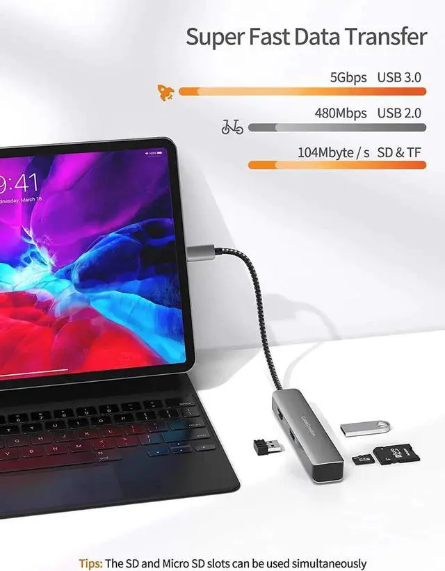 Alt view image 5 of 7 - USB C Hub, CableCreation USB-C Hub Multiport Adapter 5-in-1 (Thunderbolt 3) with HDMI 4K, 2 USB 3.0, SD / Micro SD Card Reader for MacBook Pro / Air, iPad Pro, Surface Book 2, XPS, Pixelbook, Aluminum