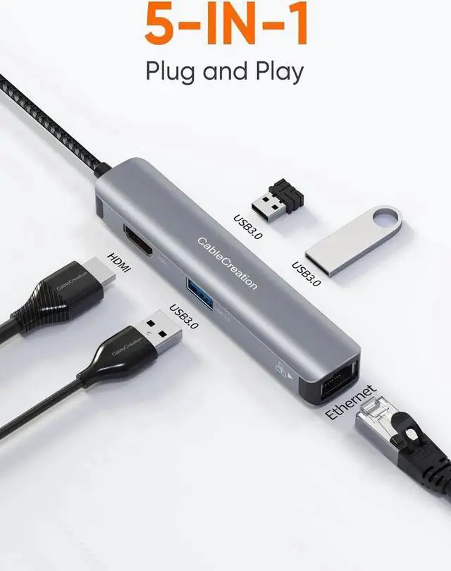 Alt view image 3 of 7 - USB C Hub Multiport Adapter, CableCreation 5-in-1 USB C Adapter Aluminum Shell with 4K HDMI, 1Gbps Ethernet, 3 USB 3.0 Ports for MacBook Pro/Air 2020/2019, iPad Pro 2020, Surface Go, XPS