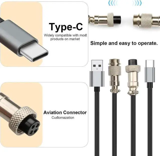 Alt view image 6 of 7 - Custom Coiled USB C Cable for Gaming Keyboard, Double-Sleeved Mechanical Keyboard Cable with Detachable Metal Aviator, 1.5M USB-C to USB-A Extendable Spring Cable