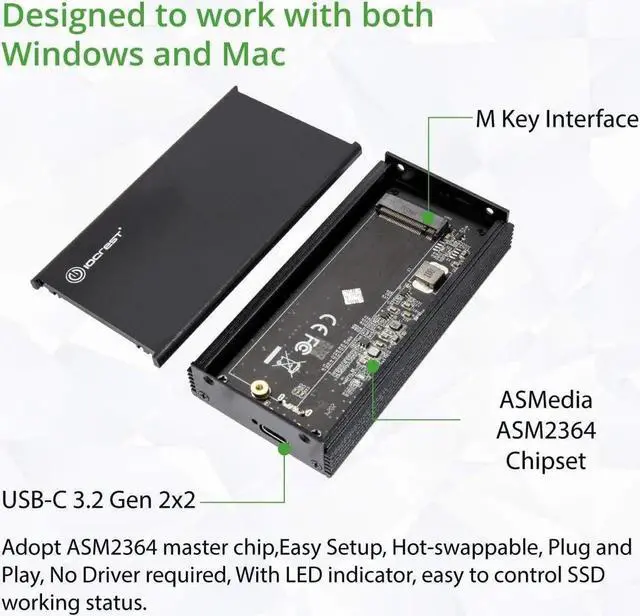 Alt view image 2 of 7 - IO CREST USB-C 3.2 Gen 2x2 M.2 M-Key PCIe NVMe Gen3x4 SSD External Enclosure Supports 2280 SY-ENC40231 ASM2364
