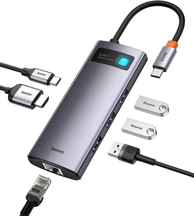 Main image of 6-in-1 USB C Hub, Baseus Docking Station with 4K HDMI, 100W PD Charging, 3 USB 3.0 Ports, 1000Mbps Ethernet Port, USB C Adapter Compatible with MacBook Pro, Surface, Dell, HP and Other USB-C LaptopsSM