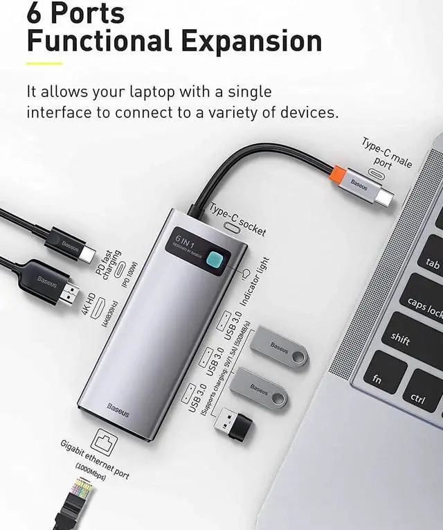 Alt view image 7 of 7 - 6-in-1 USB C Hub, Baseus Docking Station with 4K HDMI, 100W PD Charging, 3 USB 3.0 Ports, 1000Mbps Ethernet Port, USB C Adapter Compatible with MacBook Pro, Surface, Dell, HP and Other USB-C LaptopsSM