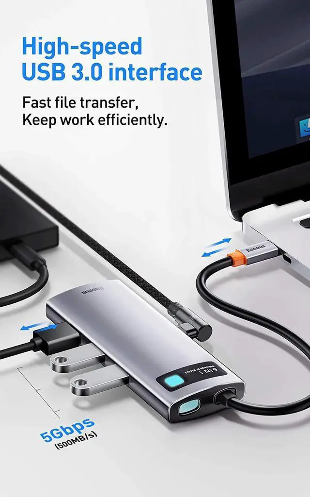 Alt view image 6 of 7 - 6-in-1 USB C Hub, Baseus Docking Station with 4K HDMI, 100W PD Charging, 3 USB 3.0 Ports, 1000Mbps Ethernet Port, USB C Adapter Compatible with MacBook Pro, Surface, Dell, HP and Other USB-C LaptopsSM